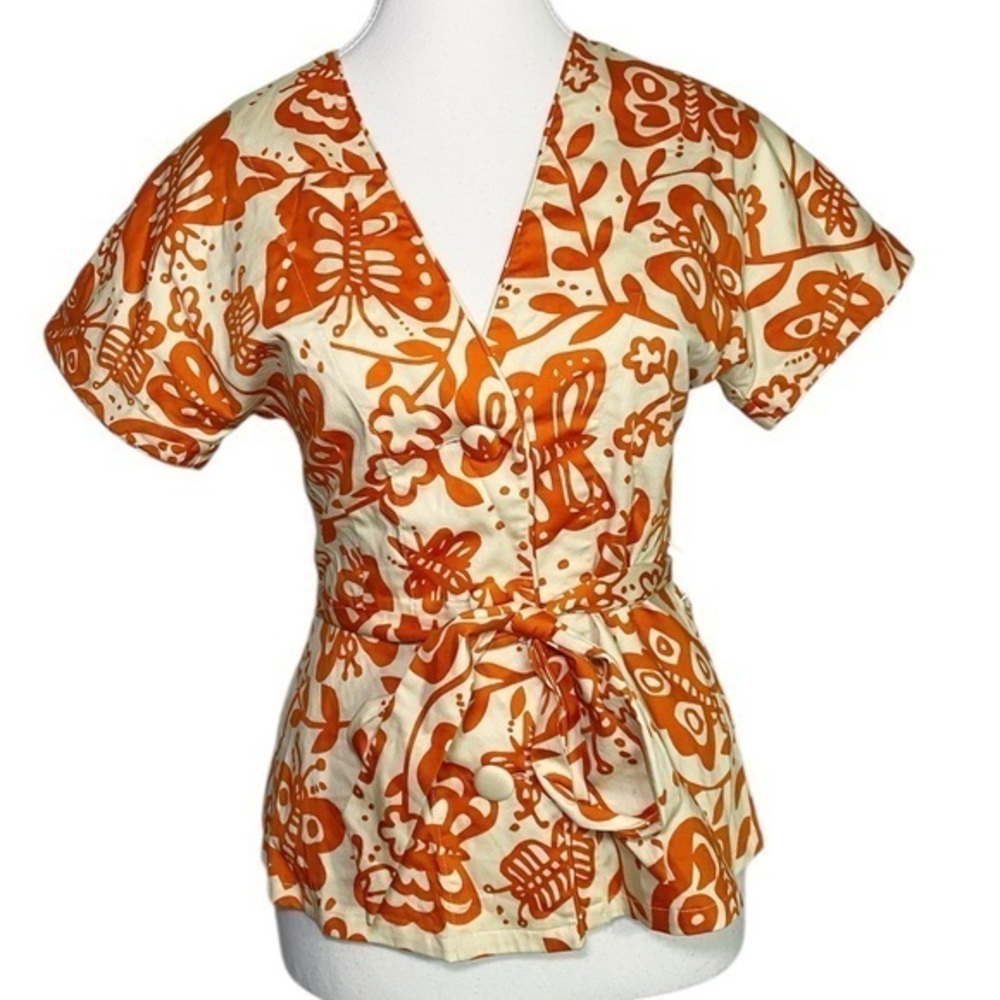 Julie Brown Orange Butterfly & Floral Wrap Top